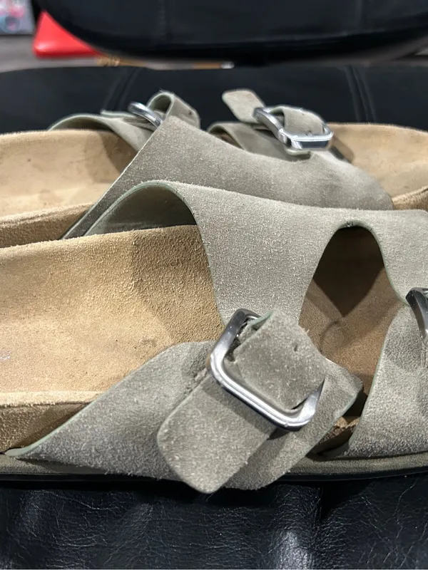 Zara Taupe Suede Double Buckle Slide Sandals - Image 6