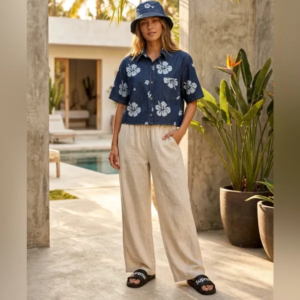 palmwave hawaii denim island tropical shirt hibiscus print vacation Coastal - Image 4