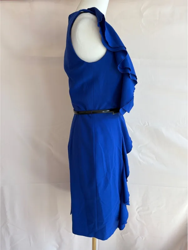 Calvin Klein Women's Blue Ruffle Dress with Belt, Size 4 - Image 3