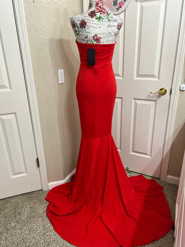 Miss Ord Red Strapless Mermaid Formal Gown Maxi Dress Slit Train - NWT Size S - Image 5