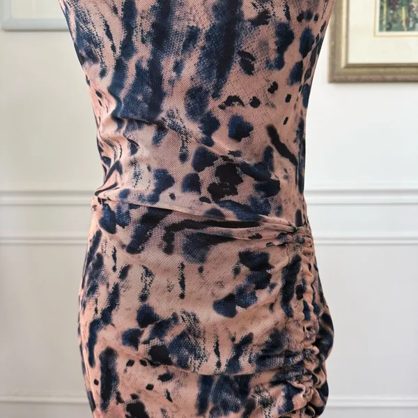 Pretty Little Thing Mesh Bodycon Ruched Mini Dress Dark Blue Beige Peach 4 - Image 4