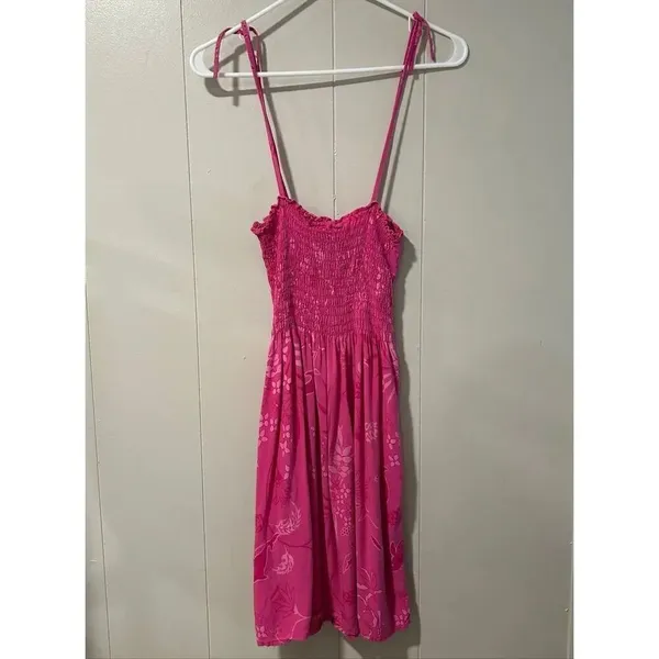 Cabali Hot Pink Smocked Midi Sundress Size M | Hawaiian Floral Beach Dress - Image 2