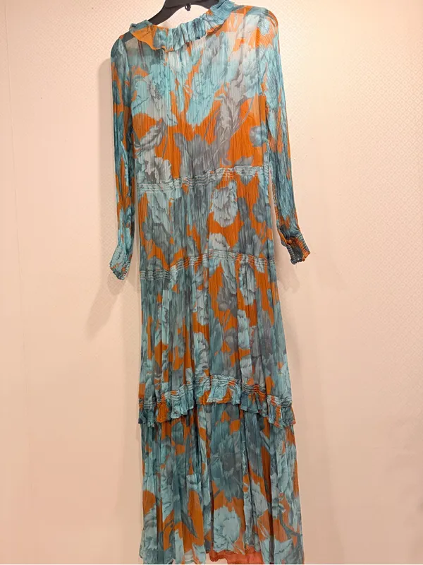 Anthropologie The Marais Printed Tiered Teal Floral Maxi Dress Boho Floral XS - Image 7