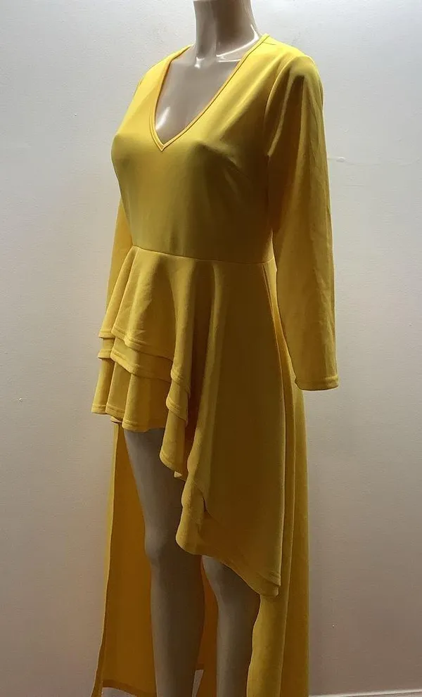 Shirt Dress Size Medium Yellow Ruched Blouse Asymmetrical Peplum Long Tunic Top - Image 4