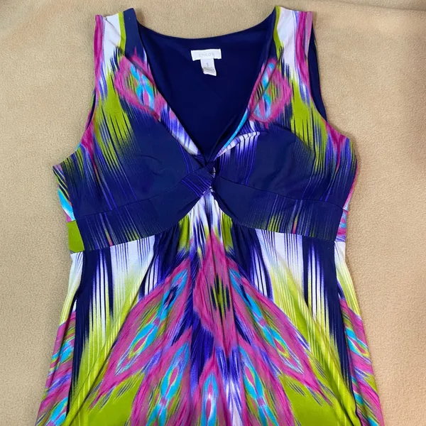 Chico's Maxi Dress Women's Sz1 Blue Pink Green Ikat Abstract Sleeveless Boho EUC - Image 5