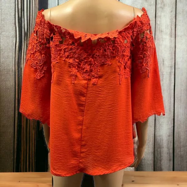 Umgee Red Orange Lace Appliqué Off Shoulder Top Sleeve Detail Womens Small - Image 6