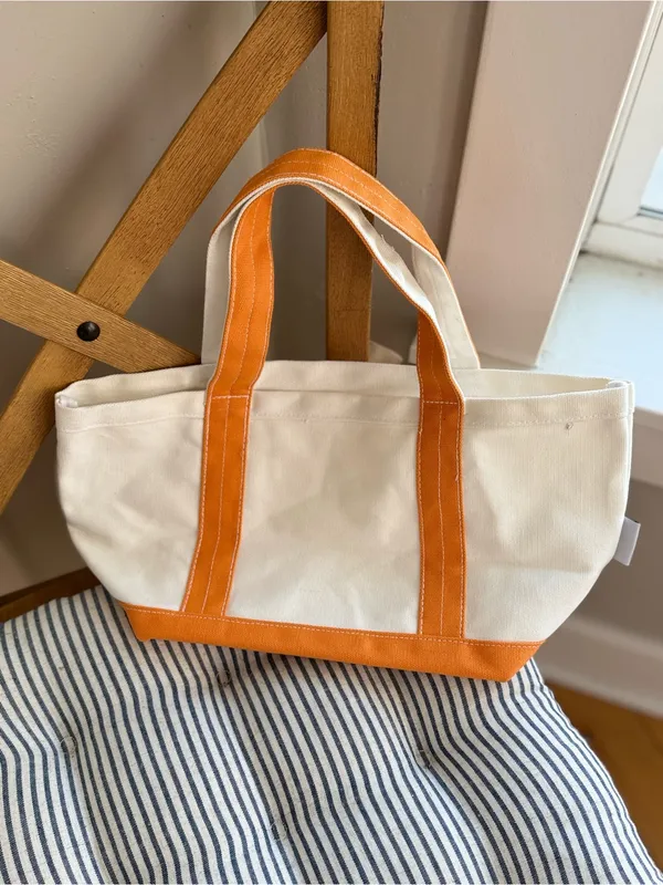 Vintage Ivory Orange Cotton Canvas Boat Tote Shoulder Bag Purse - Image 3
