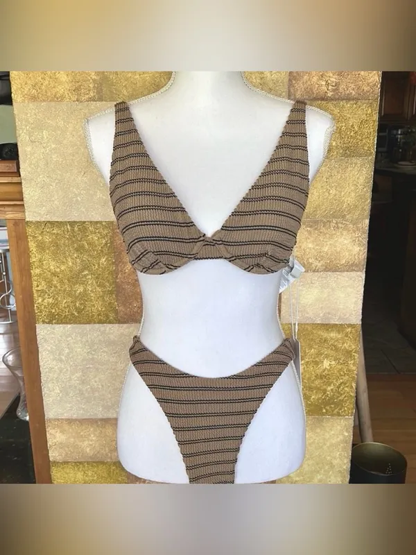 NEW Rhythm. Sol Stripe Hi Cut Adjustable Strap Two Piece XS Bikini Tan/Black Set - Image 2