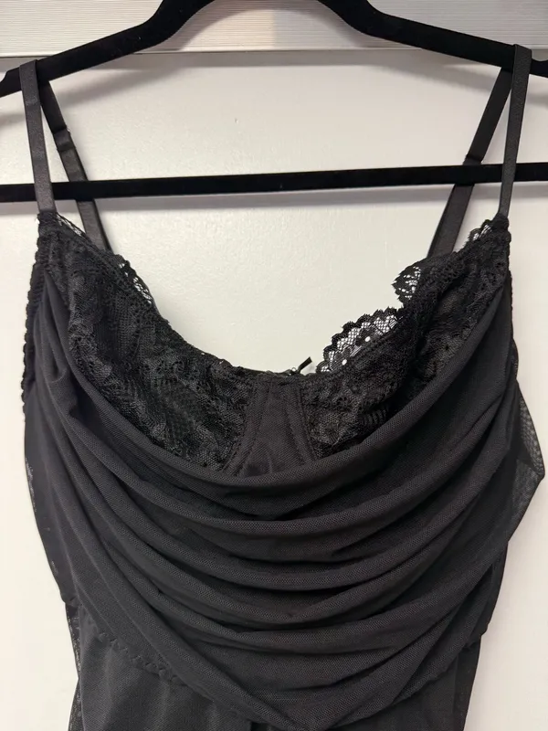 Current Mood Black Draped Slip Dress with Lace Trim - Image 3