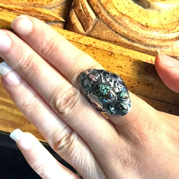 Genuine Blue Turquoise Sterling Silver Statement Ring Size 10 - Image 2