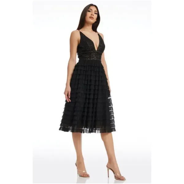 Dress the Population Becca Midi Dress Black Sleeveless Sequin Tiered Small - Image 3