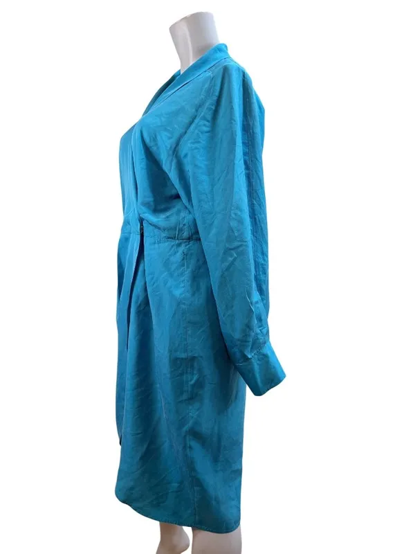 Drapey Wrap 100% Silk 80s Vintage Working Girl Dress Turquoise Sz 8 - Image 10