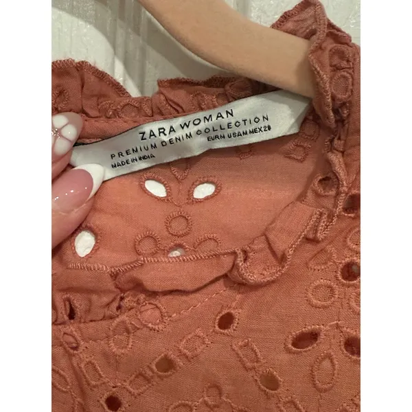 Zara Woman Premium Denim Collection Eyelet Blouse Terracotta Coral Ruffle Neck M - Image 2