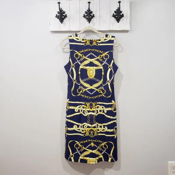 J McLaughlin Dress M Navy Gold Chain Print Preppy - Image 2