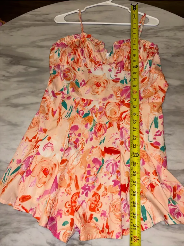 Floral Romper Fits Like Medium Sweetheart Neck Ruffled Peach Pink Shorts - Image 2