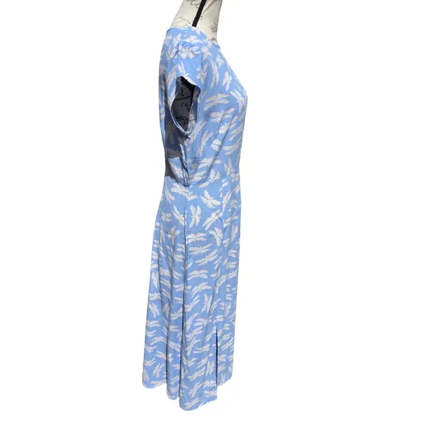 LOFT Light Blue Dragonfly Print Midi Dress Cap Sleeve Side Slit Size 10 - Image 3