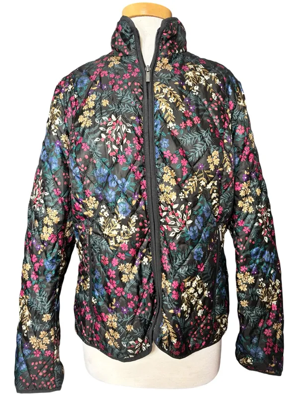 Lands' End Floral Quilted Packable Puffer Jacket Black Multi Zip L 14-16 - Image 2