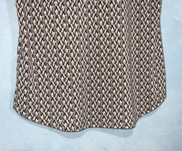 Adrianna Papell Tan Geo Print Stretch Knit Retro Ruffle Sleeve Tie Neck Blouse S - Image 8