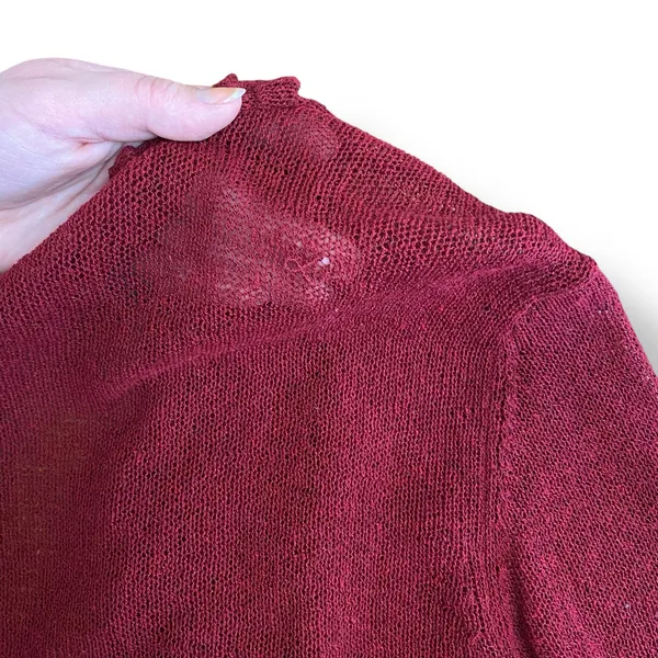 Eileen Fisher‎ Wine Red Linen Blend Open Knit Open Front Ruffle Cardigan Size XS - Image 6
