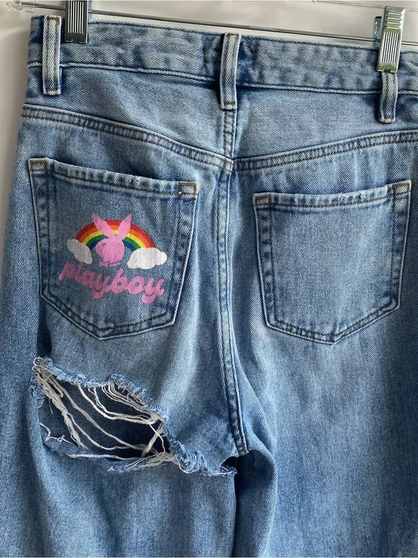 PacSun Playboy high waist straight leg back slash rainbow pocket casual jeans 25 - Image 4