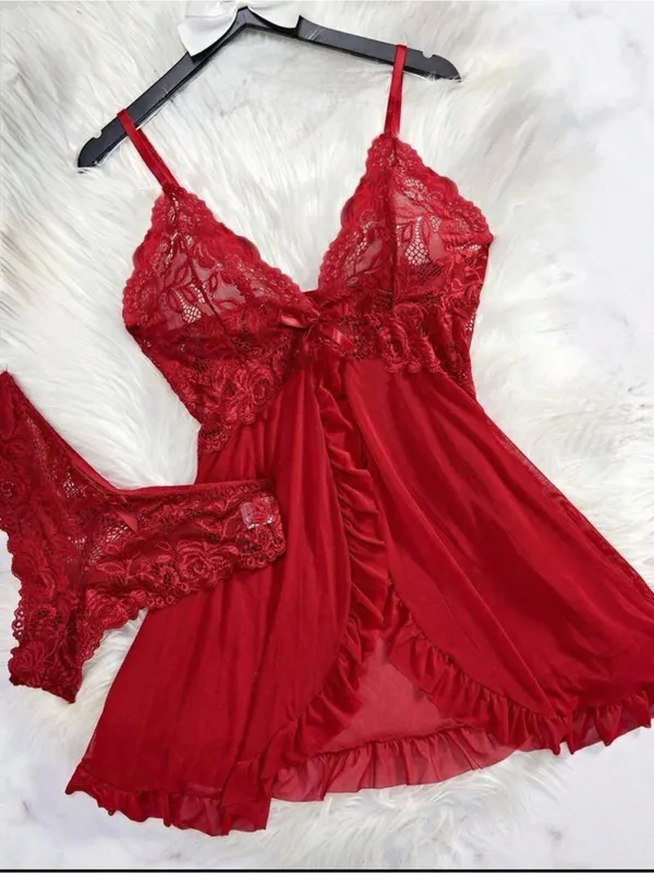 Red Lace Ruffle Babydoll Chemise - Women Intimates & Sleepwear - Image 2