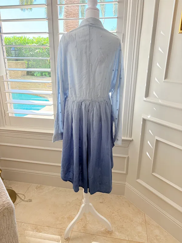 Free People Blue Ombre Button-Front Long Sleeve Dress 100% Cotton - Image 6