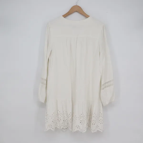 Loft White Linen Blend Eyelet Tiered Tunic Dress Long Sleeve Boho Mini Medium - Image 5