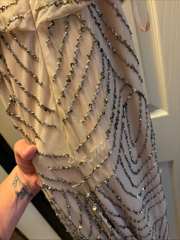 Adrianna Papell Nude Beaded V-Neck Evening Gown - Image 4
