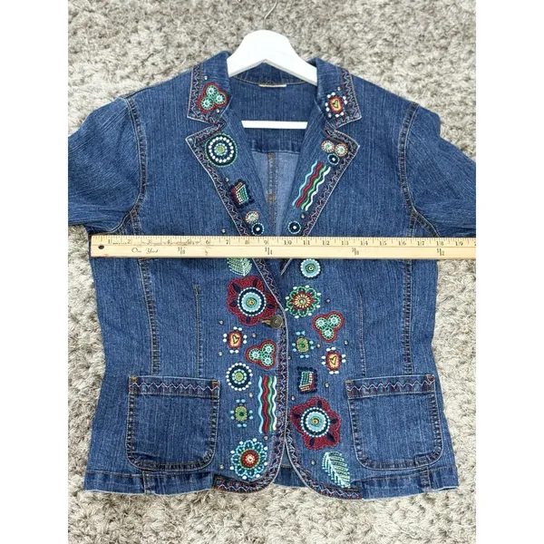 Women’s Aztec Embroidered Denim Jacket Boho Western Floral Pocket Size S - Image 11