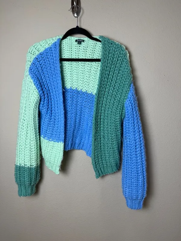 WILD FABLE Colorblock Open Chunky Knit Cardigan Size Small Blue Green - Image 3