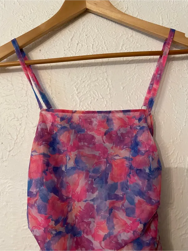 NWT For Love & Lemons Natasha Swim Cover Up Floral Ruched Mini Dress XXS - Image 4