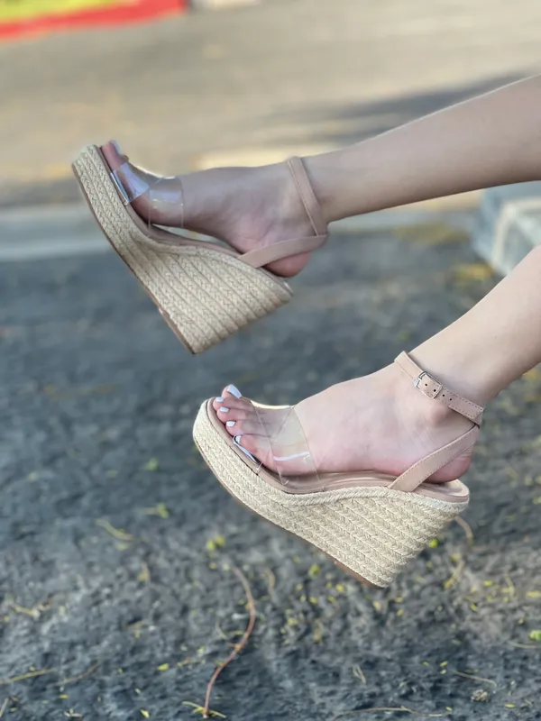 Clear Strap Espadrille Platform Wedges Tan Size 8 - Image 3