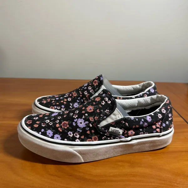 Vans Classic Slip On Black Floral Canvas Sneaker Shoe Skate Casual‎ Girly W6.5 - Image 2