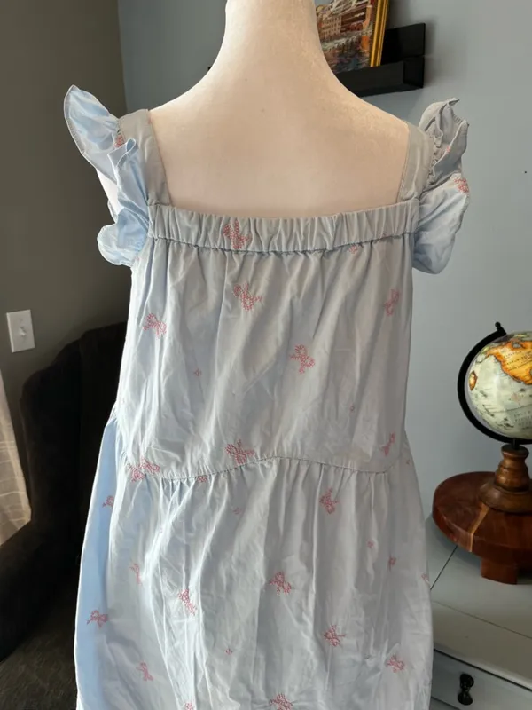 Light Blue Women’s Ruffle-Sleeve Dress with Pink Bow Embroidery Cotton Summer M - Image 10