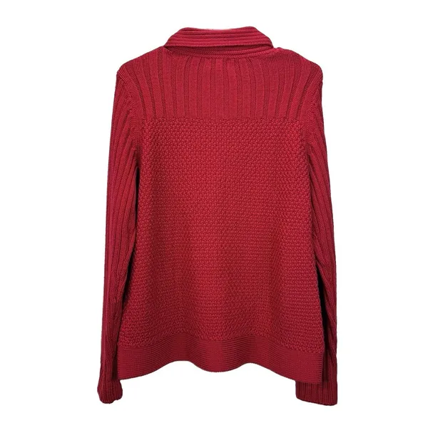 LL Bean Red Cable Knit Wool Blend Collar Button Up Cardigan Sweater MEDIUM - Image 5