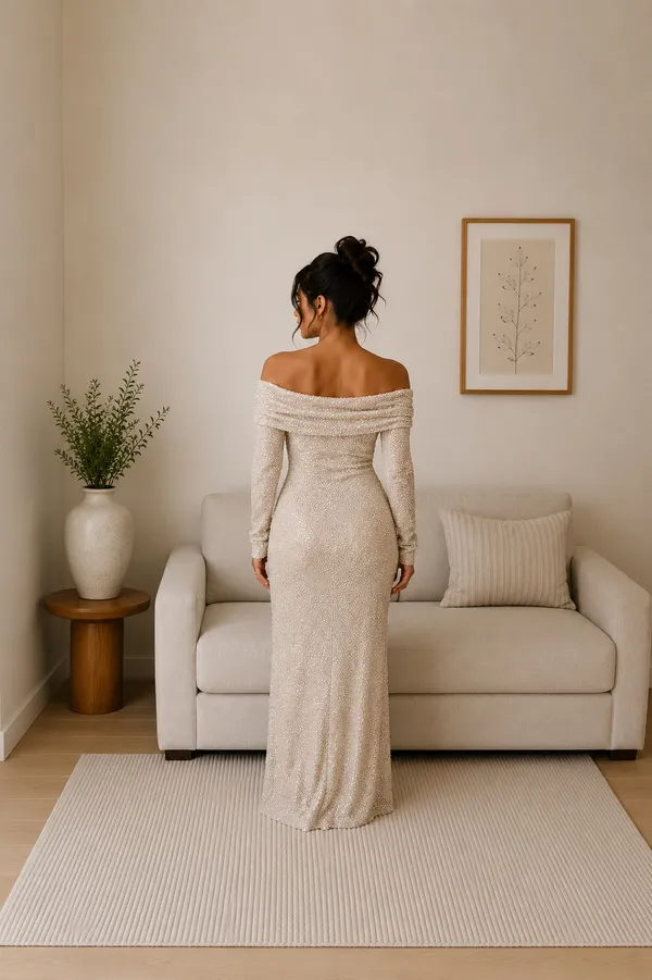 SHEIN Nude Champagne Sequin Off Shoulder Maxi Dress | Long Sleeve Formal Gown | Size L - Image 2