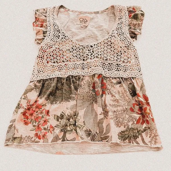 Chaser Boho Crochet layered Tropical Tee | Festival Hippie Mixed Media Top small - Image 2