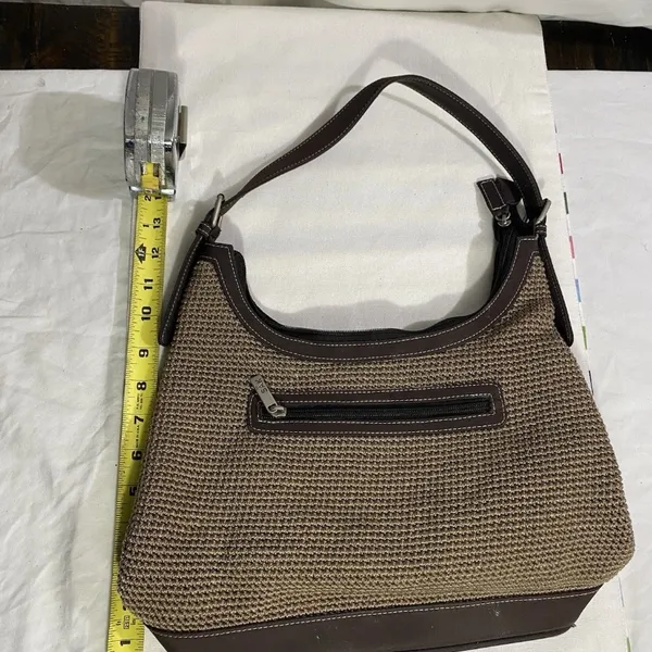 The Sak Woven Crochet Hobo Shoulder Bag Brown Leather Trim Zip Top - Image 5