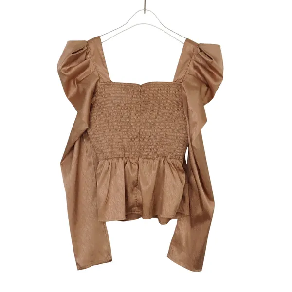 Revolve TCEC Cream Satin Puff Shoulder Blouse Wrap Front Medium - Image 4