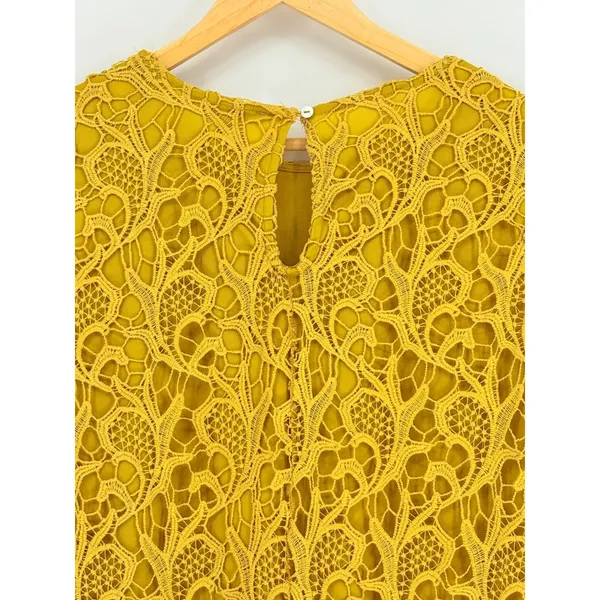 She + Sky‎ Crochet Mini Dress Large Mustard Yellow Floral Lace Shift Boho Retro - Image 6