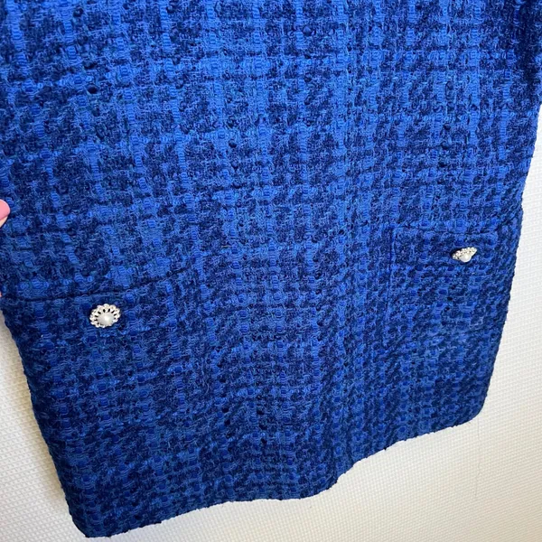 Zara Blue Tweed Mini Dress Pinafore‎ Frayed Trim Pearl Button Large L 8920/221 - Image 3