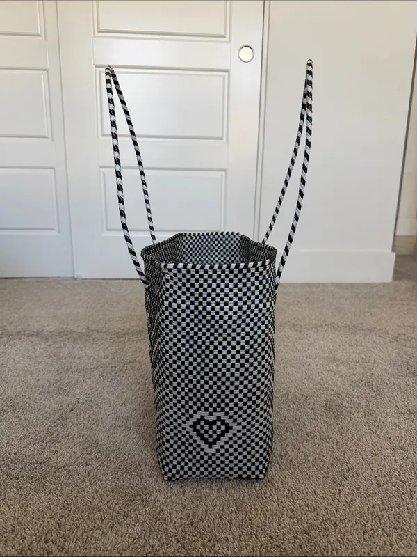 Handwoven Black and White Plastic Tote Bag - Checker Chevron Design - Image 2