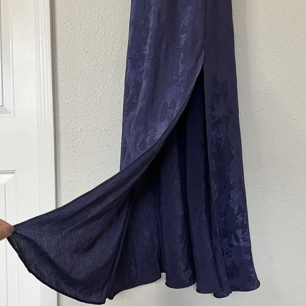 Vintage Gold Label Victoria’s Secret Navy Jacquard Satin Maxi Dress Goth Fairy M - Image 3