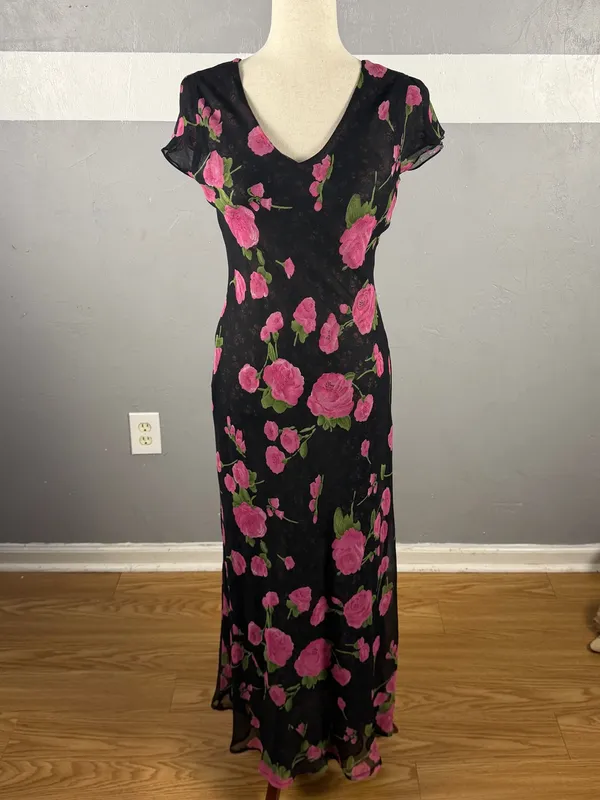 Black Floral V-Neck Maxi Dress with Pink Roses Reversible small-medium - Image 2