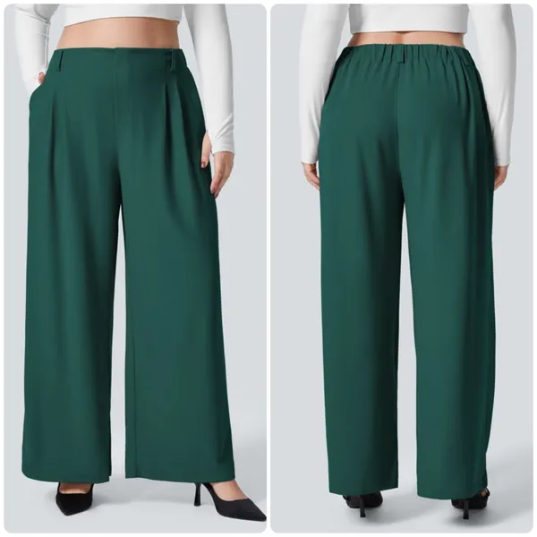 Halara Womens High Waisted Wide Leg Waffle Knit Work Pants Forest Green Size S - Image 2