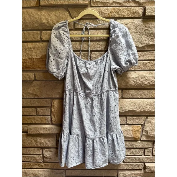 & 0ther Stories Puff Sleeve Light blue Organic Cotton Eyelet Dress 12 - Image 9