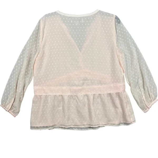 LOFT Women Sz Medium Pale‎ Pink Clip Dot V-Neck Peplum Blouse Sheer Long Sleeve - Image 2