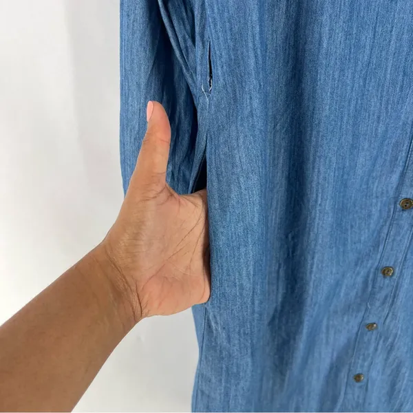 Umgee Blue Chambray Denim Button Front Shirt Dress‎ Long Roll Tab Sleeve Casual - Image 6