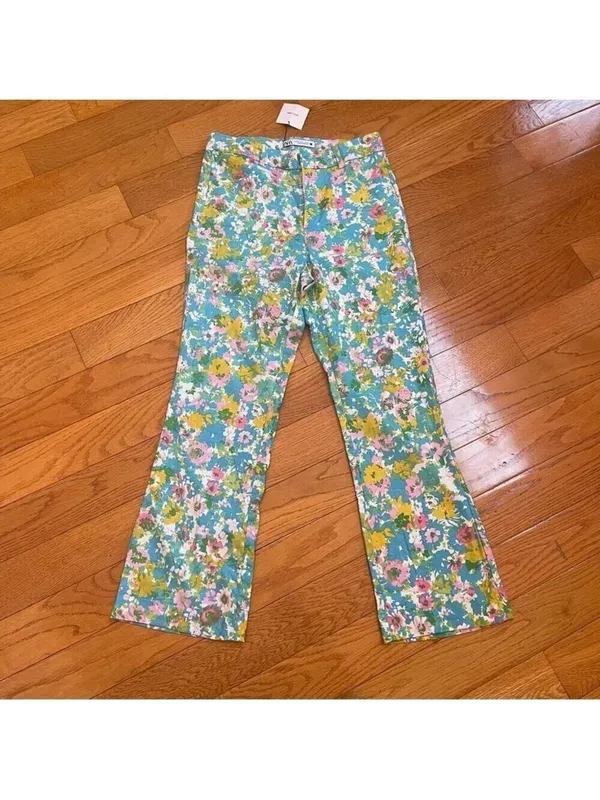 Zara High-Waisted Retro Floral Kick Flare Linen Pants Disco Cottagecore Sz 4 - Image 3