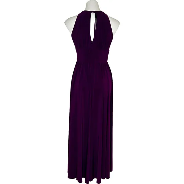 R&M Richards Halter‎ Sleeveless Long Gown Beaded Waist Purple Eggplant Size 4 - Image 4